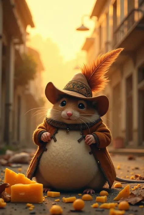  A little mouse with plump cheeks ,  sitting near the pole with his big belly strewn with pieces 
With cheese he looks toward the camera,   His velvet gibbon falls to the ground and his feathered explorer's hat wobbles in the wind . Behind him, The golden ...