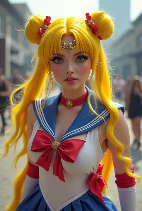 woman, yellow hair, wearing two buns, sailor moon costume, looking at the camera, photorealistic