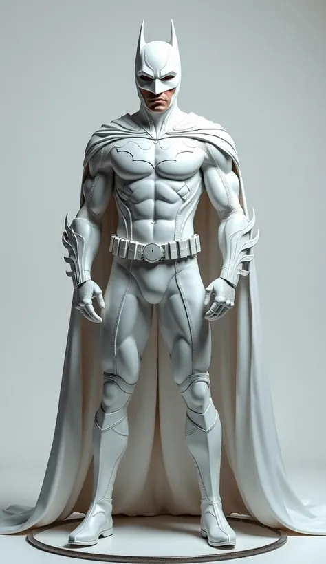 Create a handsome hunky slender slim realistic superhero Batman,, wearing white metallic and silver metallic white leather cape costume, super cute and bulge. White mask cowl..front view,  create full body image with light gray background .  standing on th...