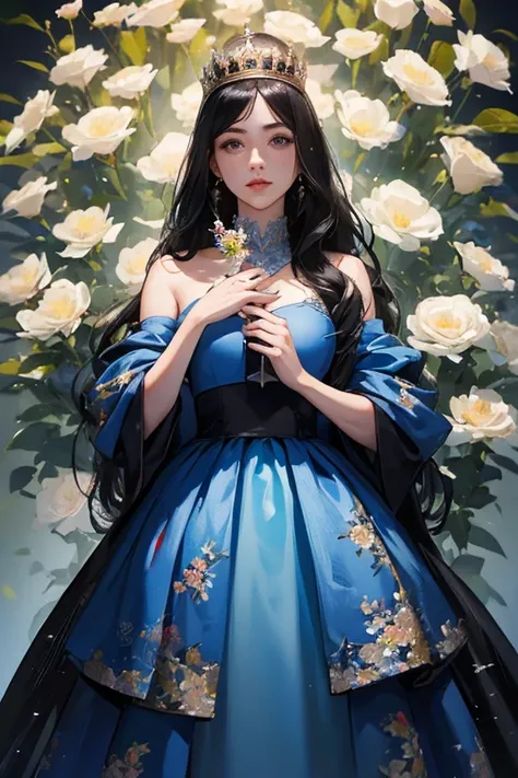 (  Masterpiece,   High quality vaccines ), 1 ,   alone, (queen:1.15),    black hair ,     long hair,  cortina , blue floral dress, queen&#39;s Dress  ,  Aurora, (sunlight, null, Rio,   forest),   inexpressive,   red eyes, (  Art Nouveau  :1.2),  Alphonse M...