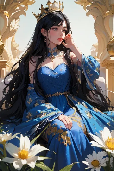 (  Masterpiece,   High quality vaccines ), 1 ,   alone, (queen:1.15),    black hair ,     long hair,  cortina , blue floral dress, queen&#39;s Dress  ,  Aurora, (sunlight, null, Rio,   forest),   inexpressive,   red eyes, (  Art Nouveau  :1.2),  Alphonse M...