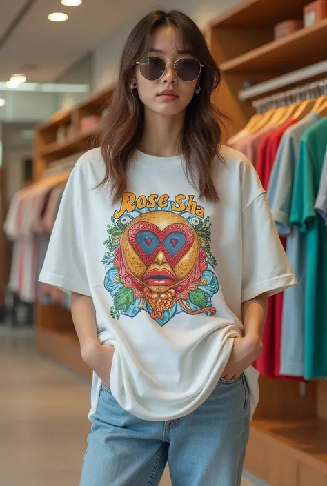 A large store selling oversized t-shirts. brand name rose sha . Beautiful emojis or motifs on the T-shirt, interesting slogans. Cool t-shirts in a minimalist way.