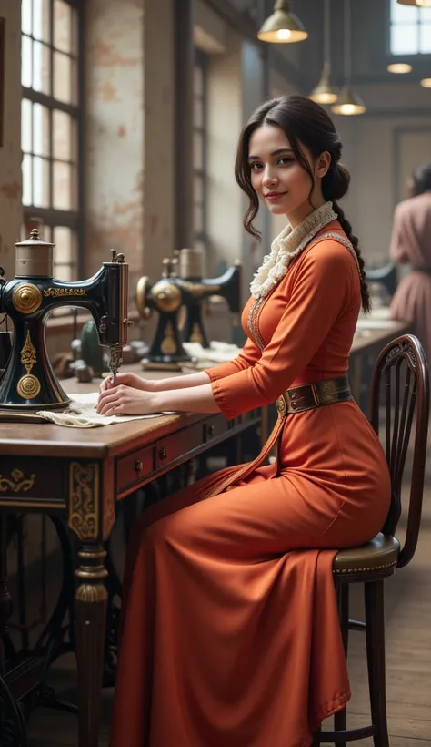 **Prompt:**     Create an ultra-realistic scene set in the 19th century, featuring a wonderfully portrayed female tailor working diligently at an intricately designed steam sewing machine. Capture her full body in a vibrant 19th-century long dress, exuding...