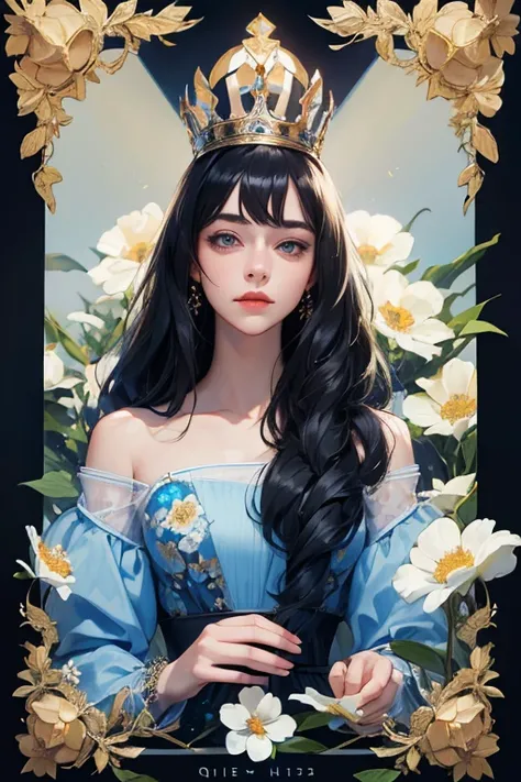 (  Masterpiece,   High quality vaccines ), 1 ,   alone, (queen:1.15),    black hair ,     long hair,  cortina , blue floral dress, queen&#39;s Dress  ,  Aurora, (sunlight, null, Rio,   forest),   inexpressive,   red eyes, (  Art Nouveau  :1.2),  Alphonse M...