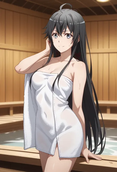  better quality,  masterpiece, excellent proportions, [pose  Jack-o' ,  Jack-o' ], Yukino Yukinoshita,  black hair, ( black hair ),  blue eyes,  long hair, Ahoge,  nude towel, ( wearing only a towel), (Hair and wet skin ),  sauna, hot springs ,  light smil...