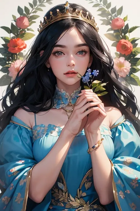 (  Masterpiece,   High quality vaccines ), 1 ,   alone, (queen:1.15),    black hair ,     long hair,  cortina , blue floral dress, queen&#39;s Dress  ,  Aurora, (sunlight, null, Rio,   forest),   inexpressive,   red eyes, (  Art Nouveau  :1.2),  Alphonse M...