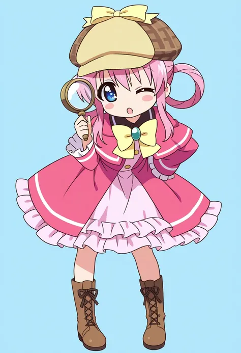 1girl, sherlock shellingford  \(tantei opera milky holmes\), magnifying glass, hair rings, solo, deerstalker, pink hair, blue eyes, one eye closed, boots, hat, bow, holding, holding magnifying glass, dress, open mouth, simple background, brown footwear, fu...