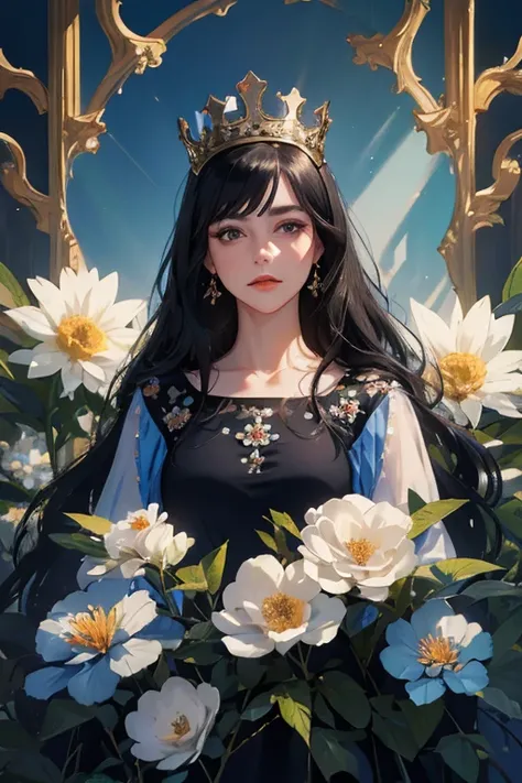 (  Masterpiece,   High quality vaccines ), 1 ,   alone, (queen:1.15),    black hair ,     long hair,  cortina , blue floral dress, queen&#39;s Dress  ,  Aurora, (sunlight, null, Rio,   forest),   inexpressive,   red eyes, (  Art Nouveau  :1.2),  Alphonse M...