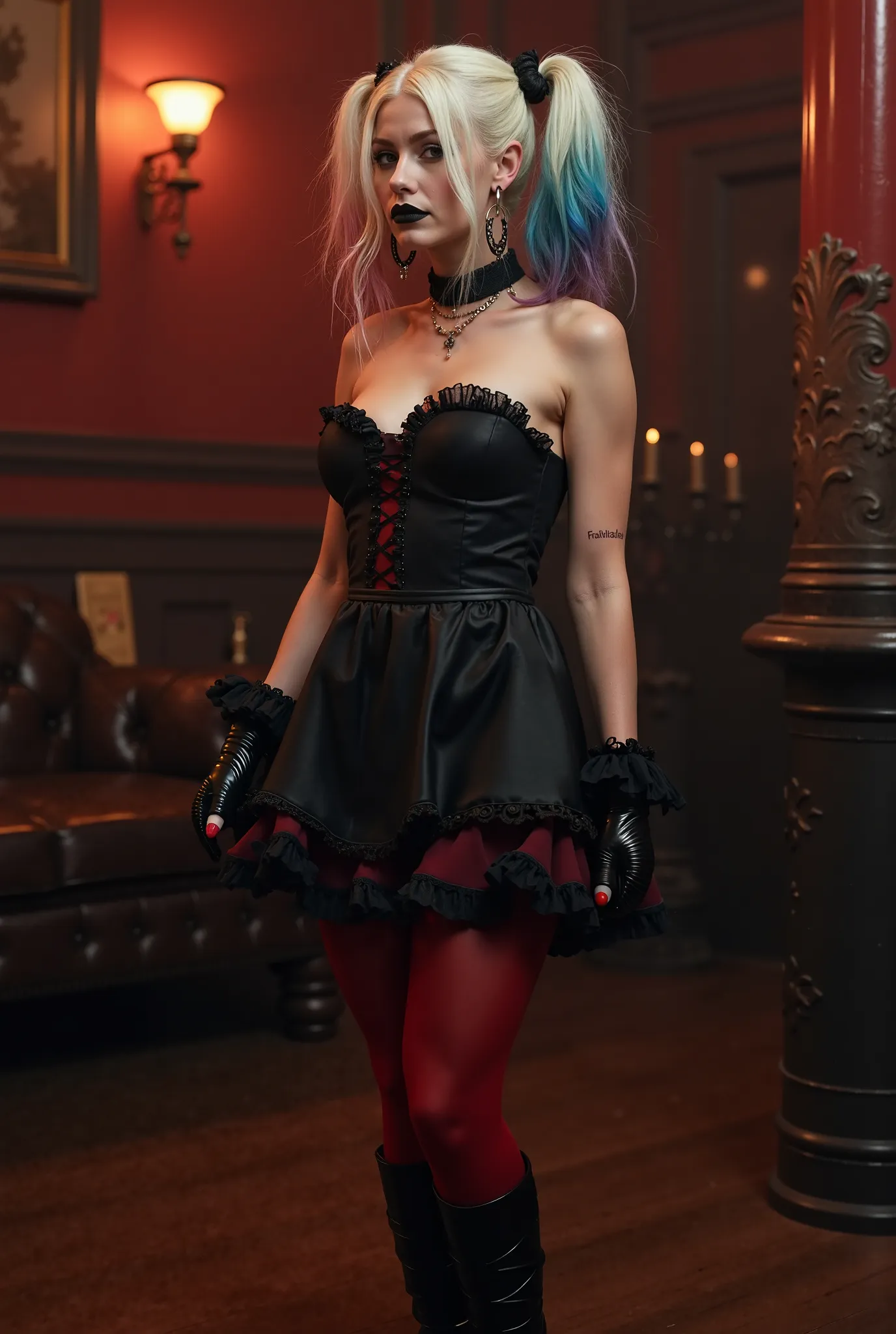 Harley Quinn with colored hair and black lipstick she is wearing a black dress with a romantic Gothic vintage ruffle she is wearing red stockings and black boots and a hoop earring. Harley Quinn is at a party 