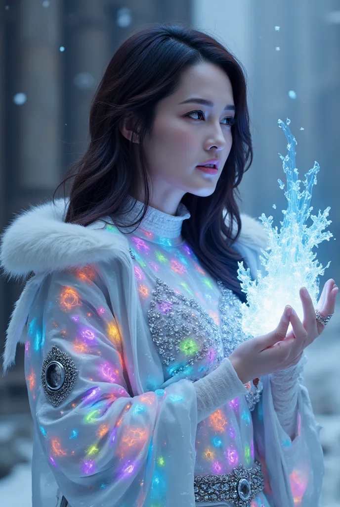 "Fantasy ink style painting, portrait of a fierce girl on a glacier cliff, wearing a sexy futuristic fur outfit with neon-lit light, temple ruins visible in the blurred background, cold light emphasizing her striking features, snowflakes falling softly aro...