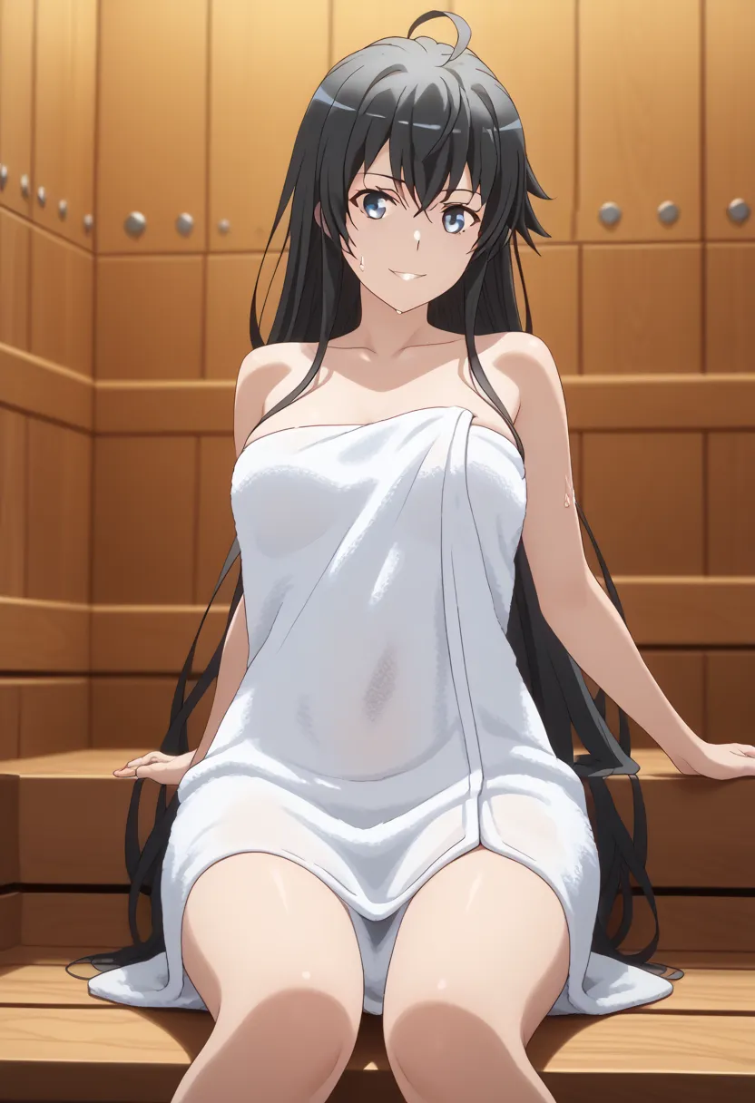  better quality,  masterpiece, excellent proportions, [pose  Jack-o' ,  Jack-o' ], Yukino Yukinoshita,  black hair, ( black hair ),  blue eyes,  long hair, Ahoge,  nude towel, ( wearing only a towel), (Hair and wet skin ),  sauna, hot springs ,  light smil...