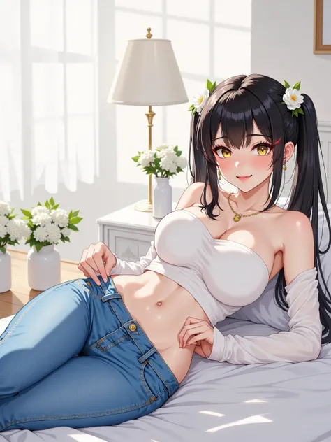 1girl, long black hair styled in twin - tails, each adorned with a white flower, lying on a white bed. Wearing a white tube - top and blue jeans. One hand with fingers gently touching the button of the jeans, the other hand resting beside her. With natural...