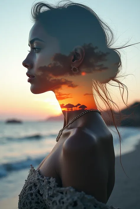  High Quality, 8K ultra HD, Una hermosa  double exposure que combina una silueta de diosa con la costa al atardecer,  the coast at dusk should serve as a backdrop,  with its details incorporated in the goddess, sharp lines, The background is monochrome,  s...