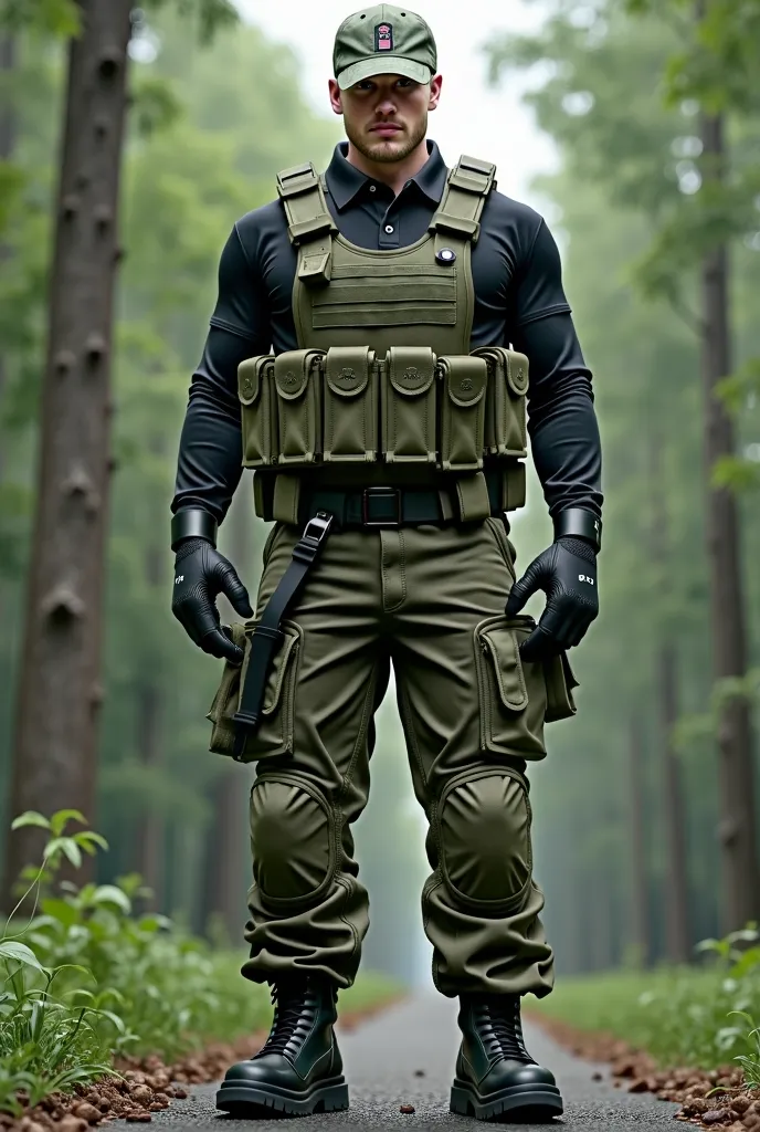  Soldier in military camouflage clothing for the jungle, vest without pockets, cap, black long sleeve polo shirt and black boots 