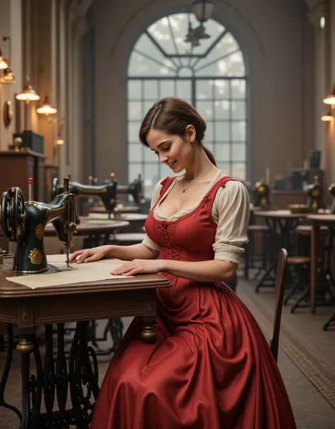 **Prompt:**     Create an ultra-realistic scene set in the 19th century, featuring a wonderfully portrayed female tailor working diligently at an intricately designed steam sewing machine. Capture her full body in a vibrant 19th-century long dress, exuding...