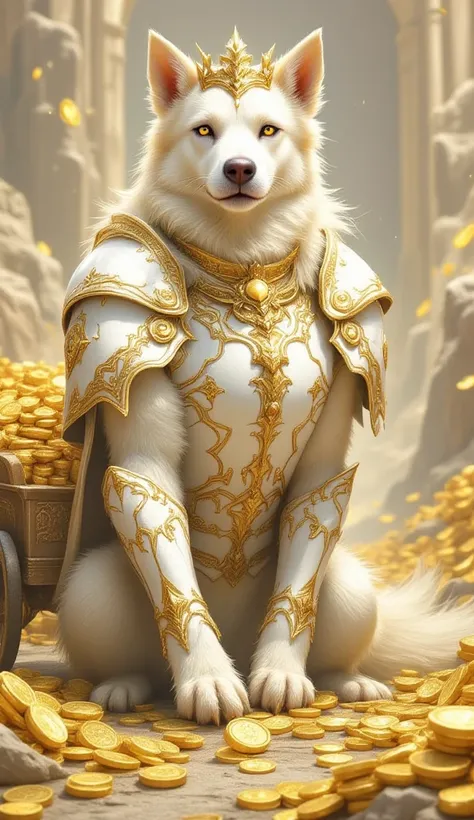 (best illumination, best shadow, masterpiece, best quality), anthropomorphic yellow king dog, majestic, intimidating, powerful, epic, royal armor of  white and gold with intricate details, clean lines, perfect illustration,The surrounding scenery is gold c...