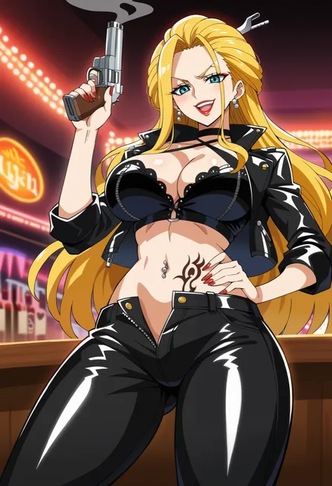 score_9, score_8_up, score_7_up, source_anime, black maria, blue eyes, long hair, blonde hair, large breasts, lips, eyelashes, makeup, lipstick, anime screencap,  smug, , ear piercing, long hair, blush, lipstick,Hot girl, baddie, smoking, sensual, attracti...