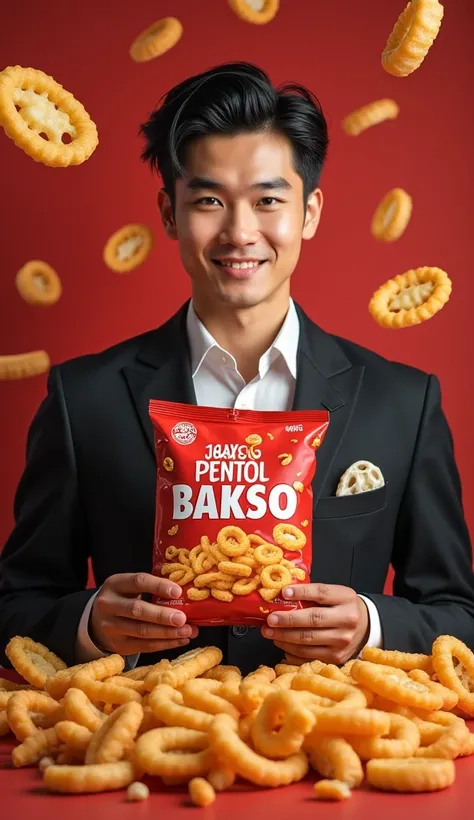 The image realistis shows a hadsome Asia man is holding a bag of Sanchor pentol bakso snacks in front of an array of other flavored Kripik Janda snacks. The background features a red theme with various snack shapes and the text \"Kripik\" prominently displ...