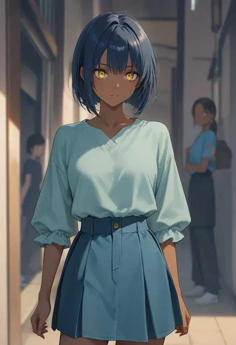 Teenager, dark skin, short blue hair in a bob and slanted yellow eyes like a cat's, wearing a short blue skirt and a long-sleeved blue shirt.