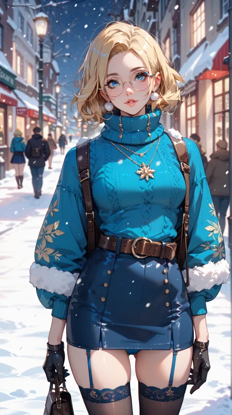  A blonde girl with blue eyes wearing round glasses， Wearing a stylish bright blue sweater 、High collar skirt 、Strap、stockings、 Black gloves and belt 。 She stares at the audience in a snowy night street ， Blue panties are slightly visible 