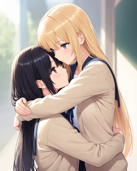 2 girl, (blue eyes, blonde long hair, and brown eyes, black long hair), hug, detailed eyes, Intricate Iris Details, school uniform, cardigan, masterpiece, best quality, ultra detailed, extremely detailed CG, highly detailed, high resolution, 4k, incredibly...