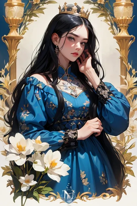 (  Masterpiece,   High quality vaccines ), 1 ,   alone, (queen:1.15),    black hair ,     long hair,  cortina , blue floral dress, queen&#39;s Dress  ,  Aurora, (sunlight, null, Rio,   forest),   inexpressive,   red eyes, (  Art Nouveau  :1.2),  Alphonse M...