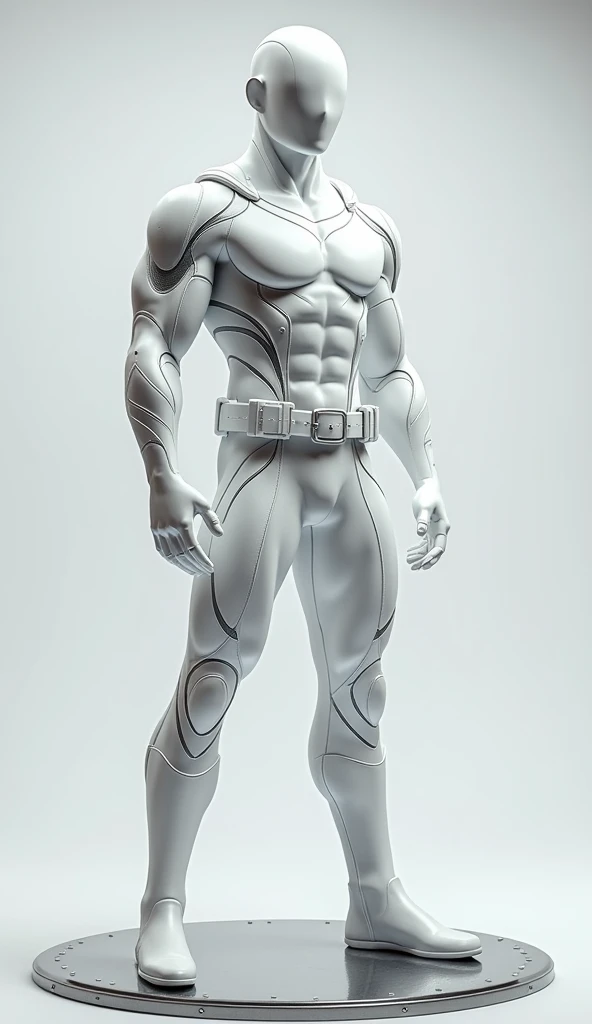 Create a handsome hunky slender slim realistic superhero White Lightning,, wearing white metallic and silver metallic, white gloves , belt, and boots,, super cute and bulge.  front view,  create full body image with light gray background .  standing on the...