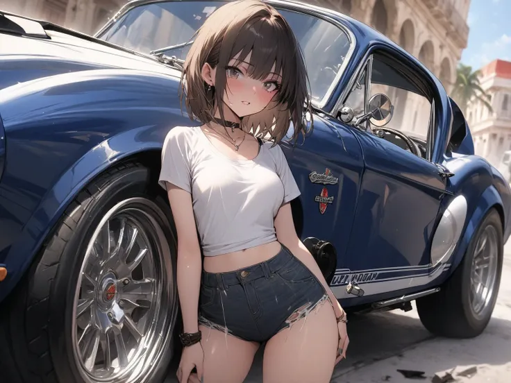 (masterpiece, detailed:1.2), One Girl, (18-years old), brown long Bob Cut, Medium Breasts, Tattered denim, BREAK, Highest quality, in Cuba, BREAK, standing next to '13 Shelby Cobra GT500,