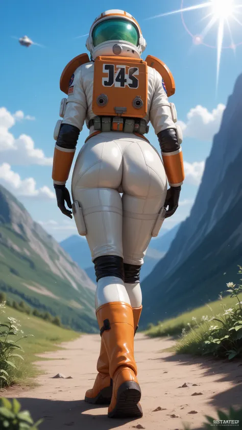 (date:20250212, By:Joulios) Highly detailed RAW color Photo, Rear Angle, Full Body, of (female space soldier, wearing orange and white space suit, helmet, tined face shield, rebreather, accentuated booty), outdoors, (looking up at advanced alien structure,...