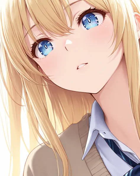 1 girl, face close up, blue eyes blonde long hair, detailed eyes, Intricate Iris Details, Depth and Dimension in the Pupils, school uniform, cardigan, masterpiece, best quality, ultra detailed, extremely detailed CG, highly detailed, high resolution, 4k, i...