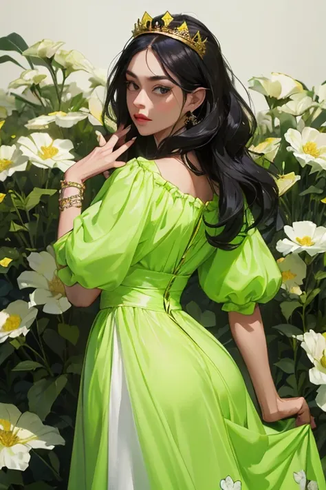 (  Masterpiece,   High quality vaccines ), 1 ,   alone, (queen:1.15),    black hair ,     long hair,  cortina , lime green floral dress, queen&#39;s Dress  ,  Aurora, (sunlight, null, Rio,   forest),   inexpressive,   red eyes, (  Art Nouveau  :1.2),  Alph...