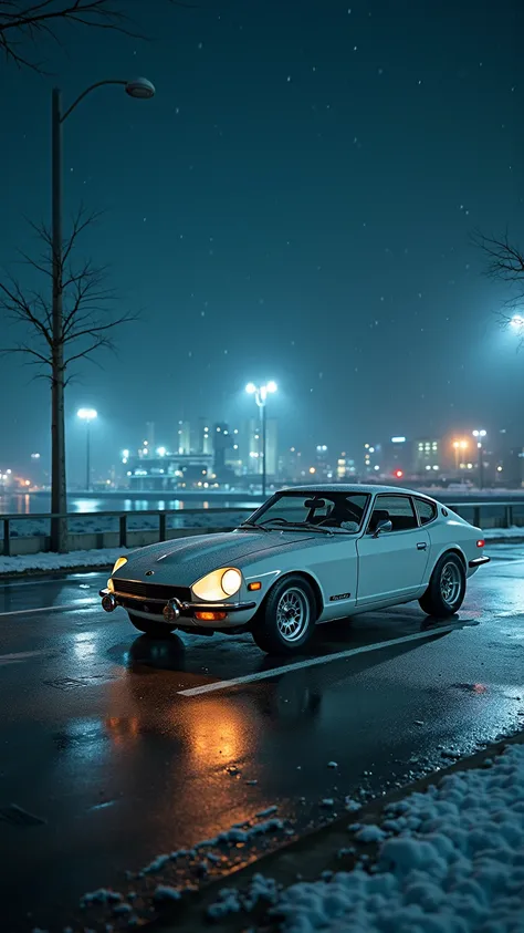 **Scene Description:**
- **setting:**   The parking lot along Tokyo Bay where it's snowing  ,  with fantastic light from a chemical factory visible through water in the background.   captivating pre-dawn scene  .
- **null:**  Fantastic null of snow 
**back...