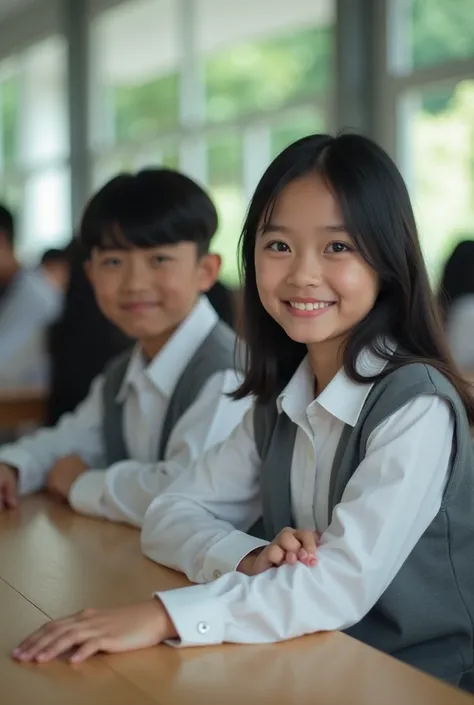  A beautiful Indonesian girl with a smile looking at the camera straight shoulder-length hair shiny black hair wearing a white gray high school uniform is sitting with a handsome young man with right hand on right shoulder girl facing towards the camera we...