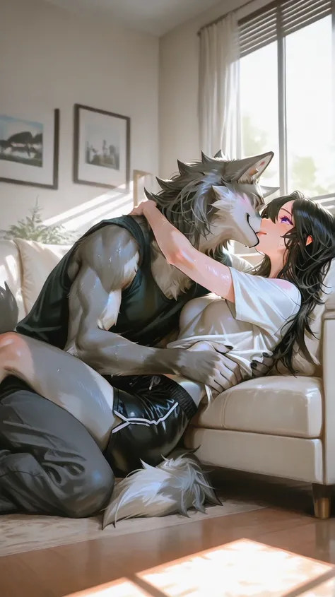 Living room, white couch, day time, sun shining, window, male furry holding female furry wolf, purple eyes, black hair, black hair, grey fur, grey fur body, long hair, furry female, hair reaching the floor, furry snout, all spikey hair, wolf female face, m...