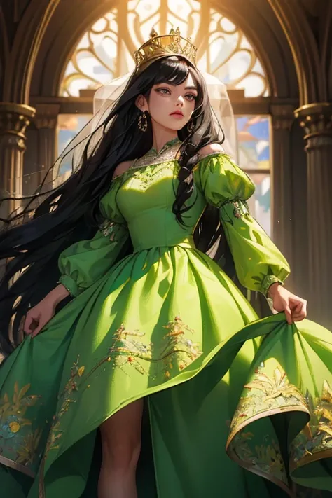 (  Masterpiece,   High quality vaccines ), 1 ,   alone, (queen:1.15),    black hair ,     long hair,  cortina , Lemon-green dress with embroidered pain designs, queen&#39;s Dress  ,  Aurora, (sunlight, null, Rio,   forest),   inexpressive,   red eyes, (  A...