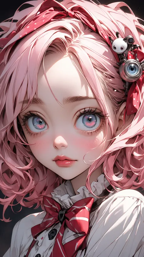  2D illustration 、 bright warm pink、warm white 、Zoom in on face、 high definition,  top quality,  high detail on the face, Norman Rockwell &Tim Burton style、 1 girl, 