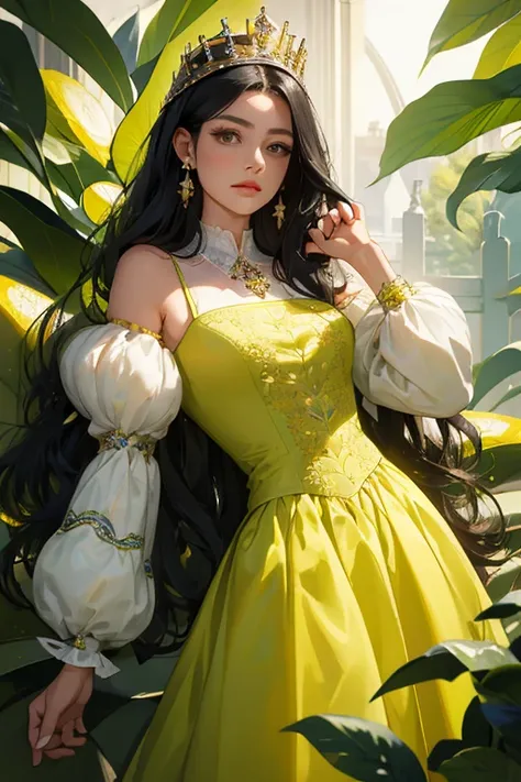 (  Masterpiece,   High quality vaccines ), 1 ,   alone, (queen:1.15),    black hair ,     long hair,  cortina , Lemon-green dress with embroidered pain designs, queen&#39;s Dress  ,  Aurora, (sunlight, null, Rio,   forest),   inexpressive,   red eyes, (  A...