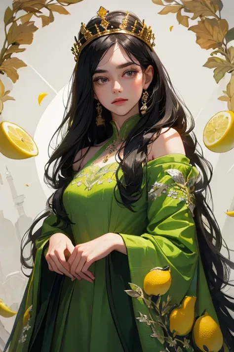 (  Masterpiece,   High quality vaccines ), 1 ,   alone, (queen:1.15),    black hair ,     long hair,  cortina , Lemon-green dress with embroidered pain designs, queen&#39;s Dress  ,  Aurora, (sunlight, null, Rio,   forest),   inexpressive,   red eyes, (  A...