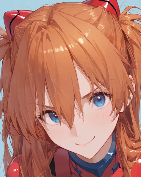   top quality,      masterpiece,       8k Wallpaper、  、      High Face Details 、  latest,                   woman 1 person、        Soryu Asuka Langley   、     orange hair、      blue eyes、      red plug suit、   Light blue background  、  cute background 、   ...