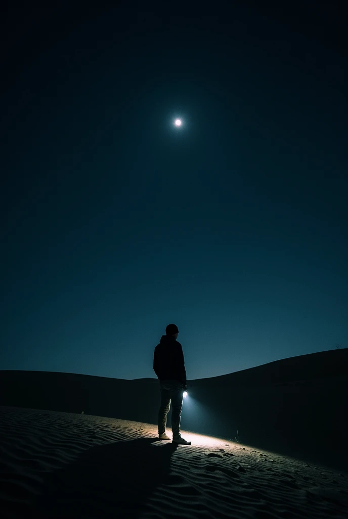 It's in the desert in the middle of night there is no moon it was absolutely dark and there is a boy who didn't show up he was undercognizable and he's a bit far from us and he got a flashlight and there is no moon there is no moonlight and he got a flashl...