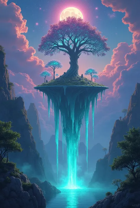 "A floating archipelago in emerald nebula vortex sky, crystalline colossal trees with glowing runes piercing through rainbow clouds. Bioluminescent forest under twin moons casting diamond light on upside-down waterfalls feeding celestial mirror lake. Auror...