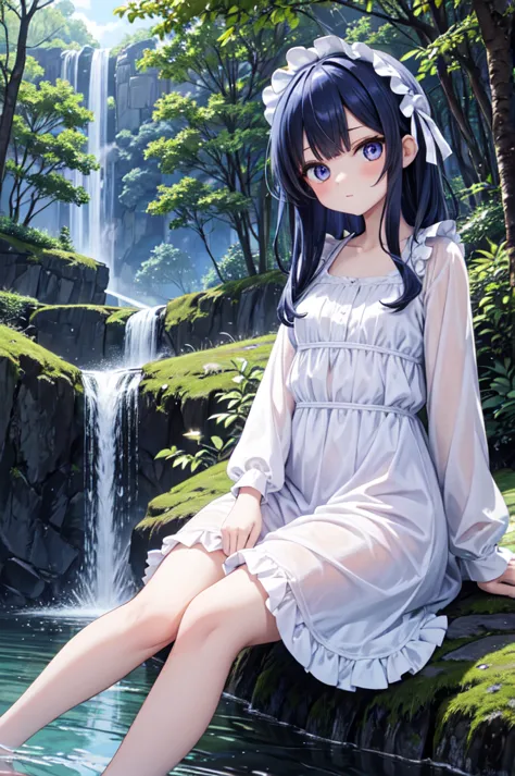 (8k),  high res, (Playful ), whole body,  dark blue hair , , ,  comical, ロング frill , white long nightgown, Long Size,  frill,  Long Sleeve,  , River Background, Iwabe, waterfall, tree,  bright colors visible from the forehead,  soft writing , （More sophist...