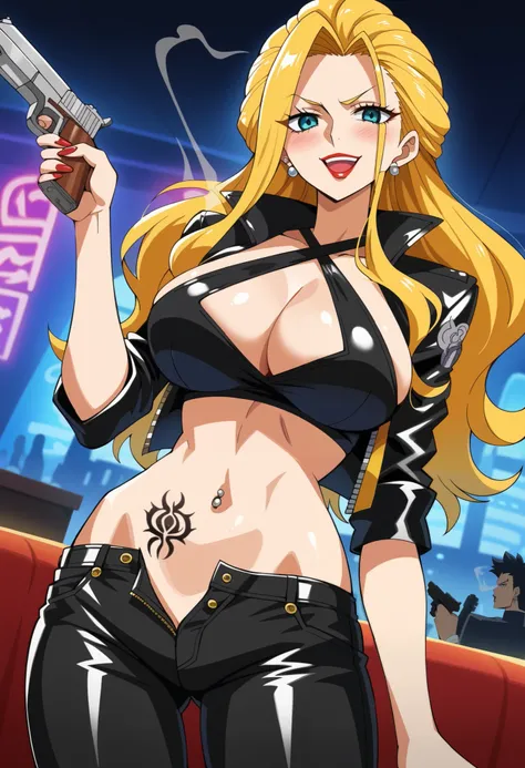 score_9, score_8_up, score_7_up, source_anime, black maria, blue eyes, long hair, blonde hair, large breasts, lips, eyelashes, makeup, lipstick, anime screencap,  smug, , ear piercing, long hair, blush, lipstick,Hot girl, baddie, smoking, sensual, attracti...