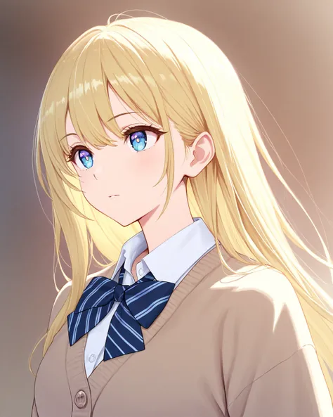 1 girl, upper body, looking ahead, blue eyes blonde long hair, detailed eyes, Intricate Iris Details, Depth and Dimension in the Pupils, school uniform, cardigan, masterpiece, best quality, ultra detailed, extremely detailed CG, highly detailed, high resol...