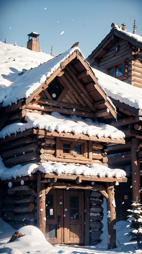  Snow Mountain 、 log house、Snow removal from the roof、