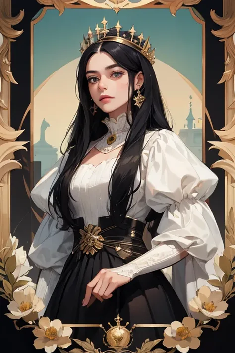 (  Masterpiece,   High quality vaccines ), 1 ,   alone, (queen:1.15),    black hair ,     long hair,  cortina , dress with drawings by Dores Bodado Lilás, queen&#39;s Dress  ,  Aurora, (sunlight, null, Rio,   forest),   inexpressive,   red eyes, (  Art Nou...