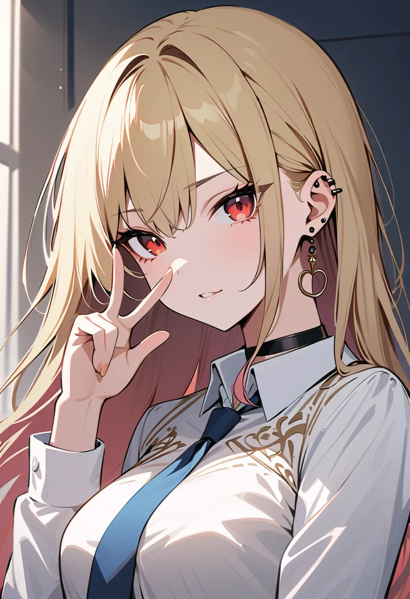 ( masterpiece,  top quality, Mysterious aesthetics,  highly detailed ),  intricate detail on the edge of the garment,  one girl, Kitagawa Marine ,   I Am a Bisque Doll,  blonde,  red eyes,  ear piercing,   barbell earrings  ,   BLACK CHOKER,   collared shi...