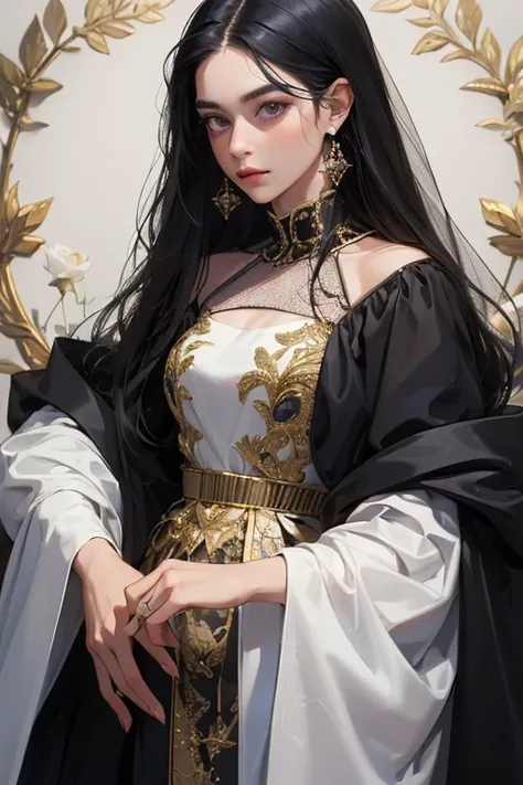 (  Masterpiece,   High quality vaccines ), 1 ,   alone, (queen:1.15),    black hair ,     long hair,  cortina , dress with drawings by Dores Bodado Lilás, queen&#39;s Dress  ,  Aurora, (sunlight, null, Rio,   forest),   inexpressive,   red eyes, (  Art Nou...