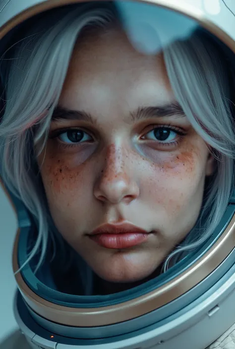  Close-up of an improved masterpiece:1.5)0.9], ( Space and Astronauts:1.2) ( Untidy silver hair:1.1) ( heterochromia:  xanthochromia and blue eyes:1.2) (Space helmet:1.0) ( Colored stars in the eyes:1.0) ( A radiant glow:1.1) ( Thick lips :0.9)