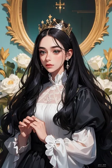 (  Masterpiece,   High quality vaccines ), 1 ,   alone, (queen:1.15),    black hair ,     long hair,  cortina , dress with drawings by Dores Bodado Lilás, queen&#39;s Dress  ,  Aurora, (sunlight, null, Rio,   forest),   inexpressive,   red eyes, (  Art Nou...